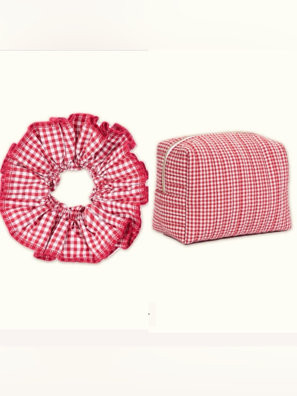 NWT If Only If UK Redcurrant Red Gingham Poplin Makeup Bag & Scrunchie Set NEW